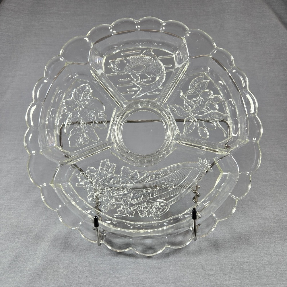 Vintage Clear Pressed Glass Divided Relish Tray‎ 5 Section Scalloped Floral 12"